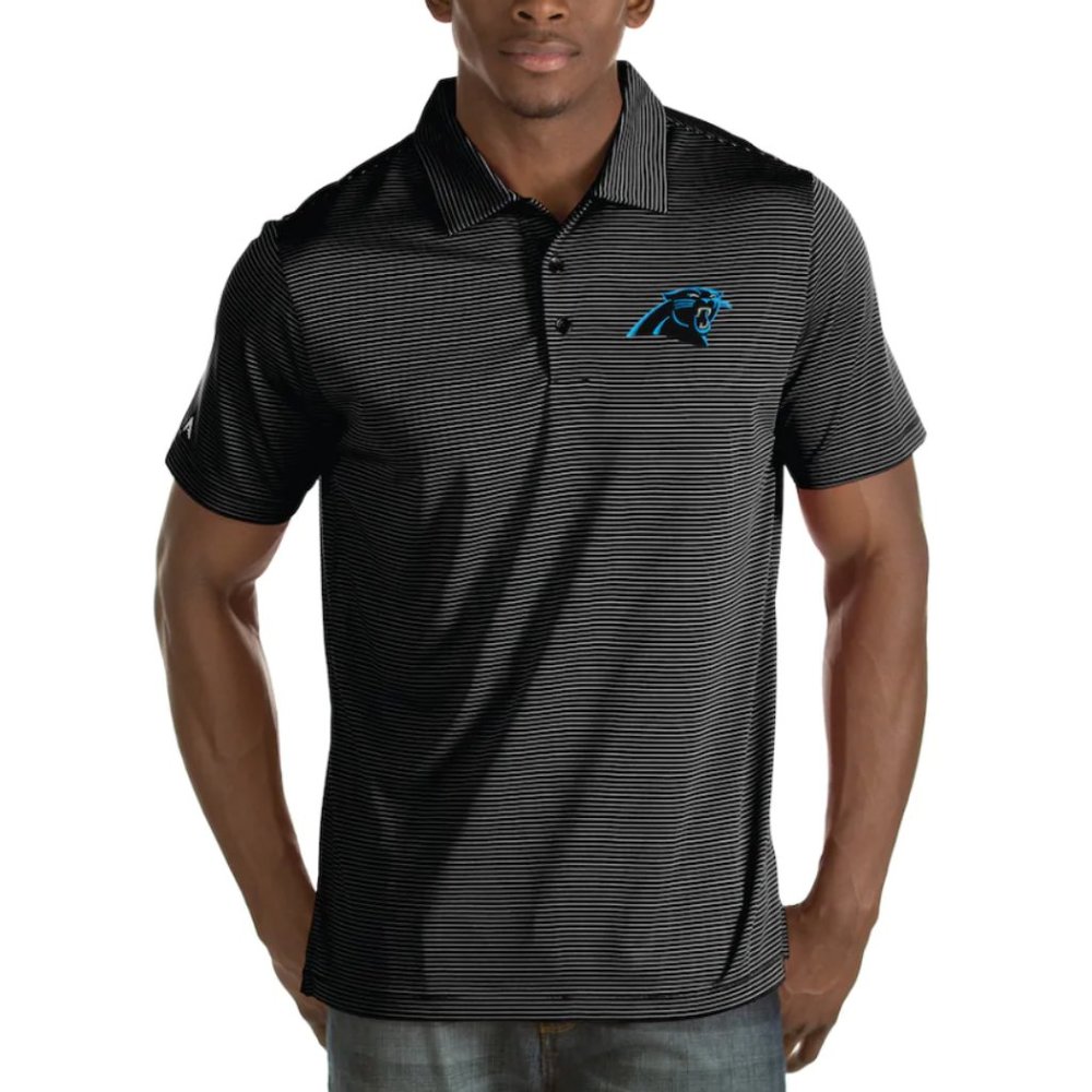 Carolina Panthers Antigua Black Quest Stripe Polo